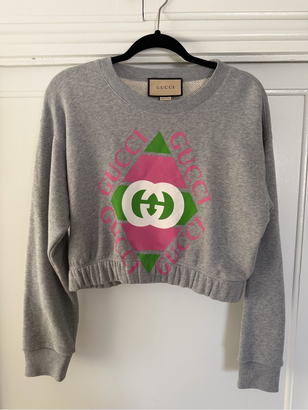 Gucci Gray Cropped Sweatshirt with Pink & Green Logo Diamond